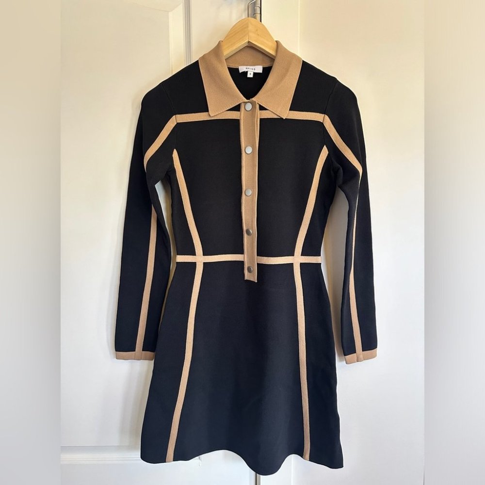 NEW Reiss Nikki Contrast Trim Press Stud Mini Dress in Black Camel | size S - Picture 5 of 8